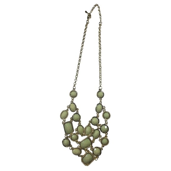 Green Statement Bib Necklace Gold-Tone Chain Faceted Resin Beads Lobster Clasp - Picture 2 of 5